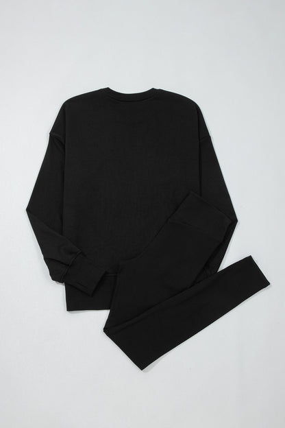 Solid Oversize Slit Sweatshirt with Ribbed Leggings Set