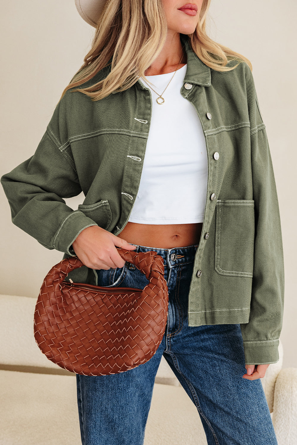 Contrast Stitch Patch Pocket Boyfriend Denim Jacket