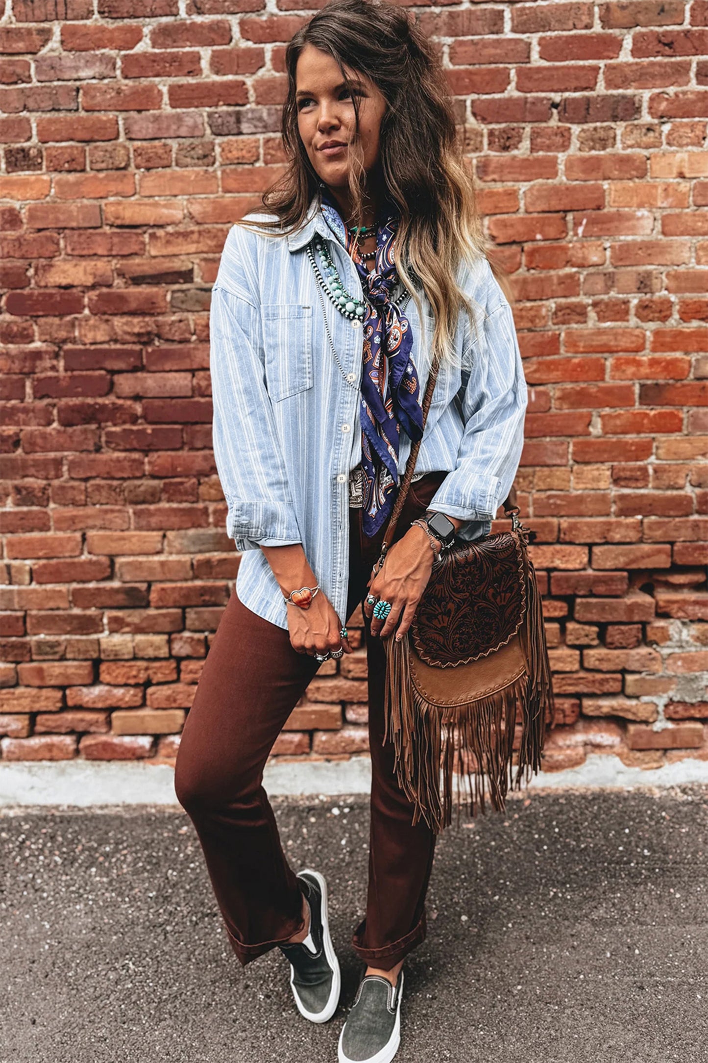 Striped Denim Shacket for Women Button Down Shirt Jacket