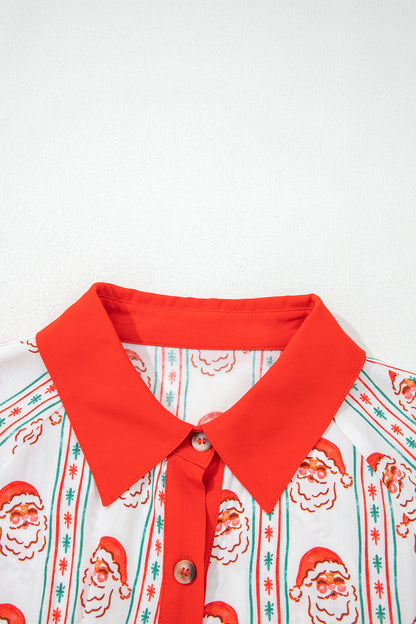 Santa Print Button Front Long Sleeve Christmas A Line Dress