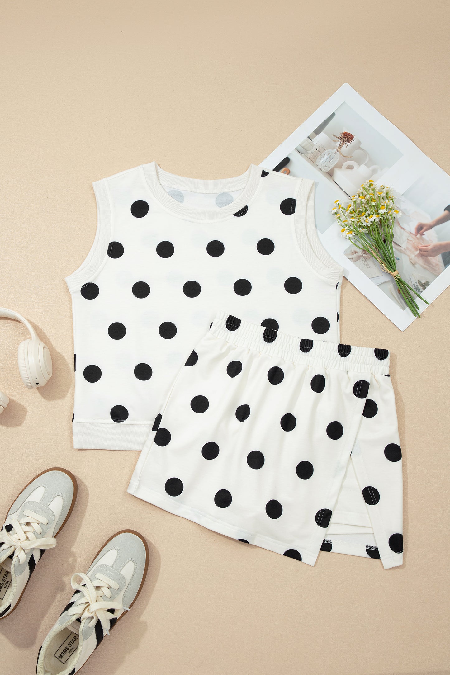 Polka Dot Tank Top Split Skort 2 Piece Lounge Set