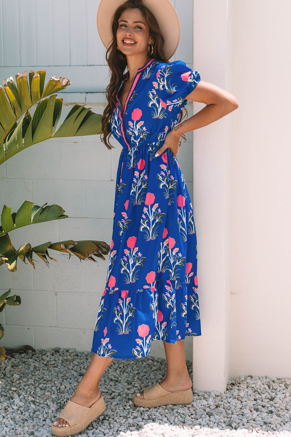 White Floral Contrast Trim V Neck Maxi Dress