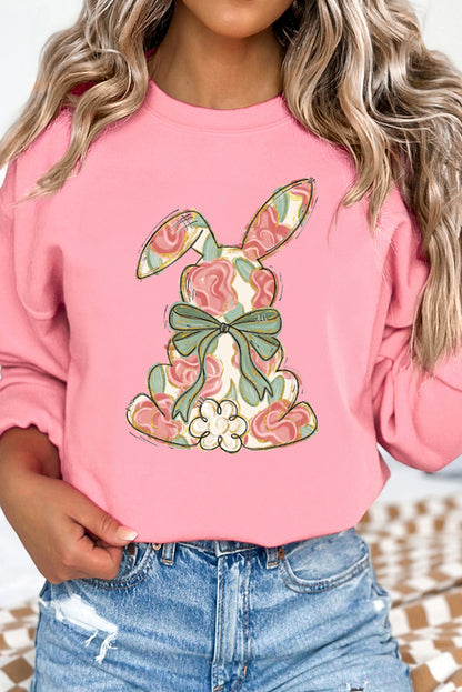Easter Floral Bunny Bow Graphic Pink Casual Sweatshirt