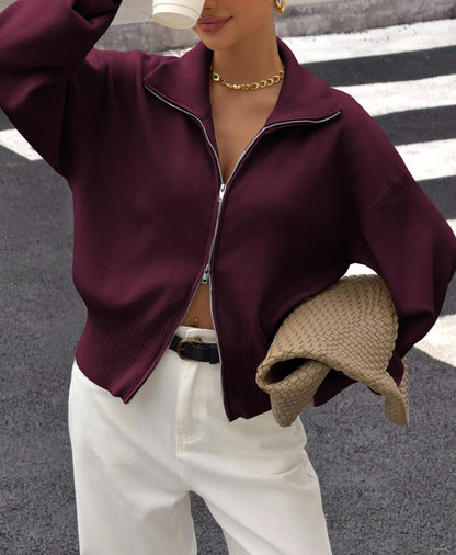 Women's Zip Up Knit Jacket Long Sleeve Casual Cardigan