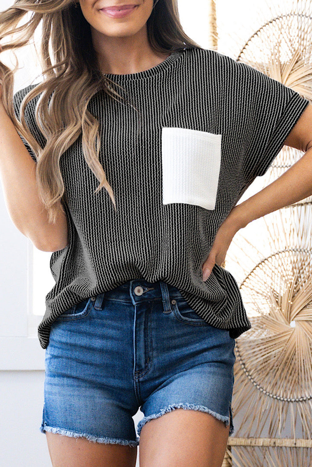 Pink Striped Textured Knit Pocket Casual Tee