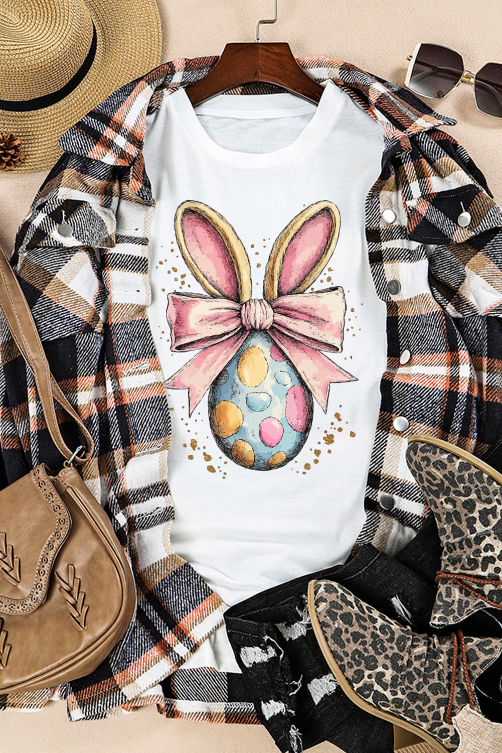 Easter Bunny Egg Bow Graphic Spring Tee