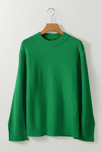 Green Textured Knit Drop Shoulder Split Cuff Oversized Sweater