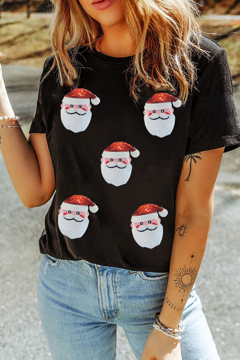 Santa Claus Graphic Christmas Faux Sequin T Shirt