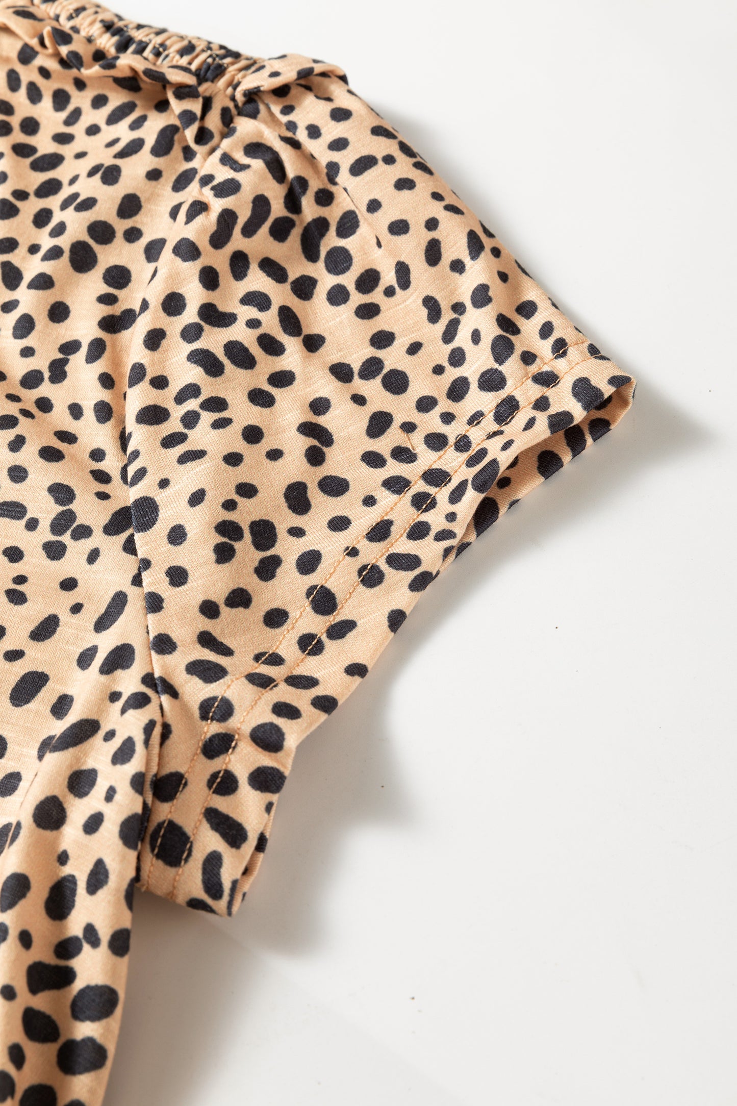 Apricot Cheetah Print Ruffle V Neck Short Sleeve Blouse