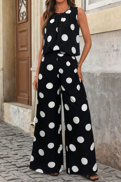 Black Polka Dot Wide Leg Pants and Tank Lounge Set