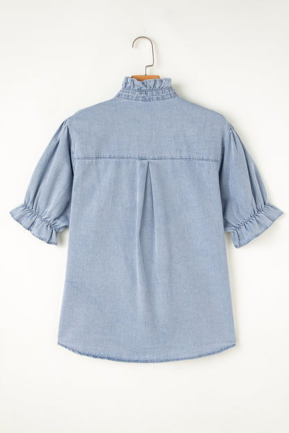 Light Wash Chambray Puff Sleeve Button Up Shirt