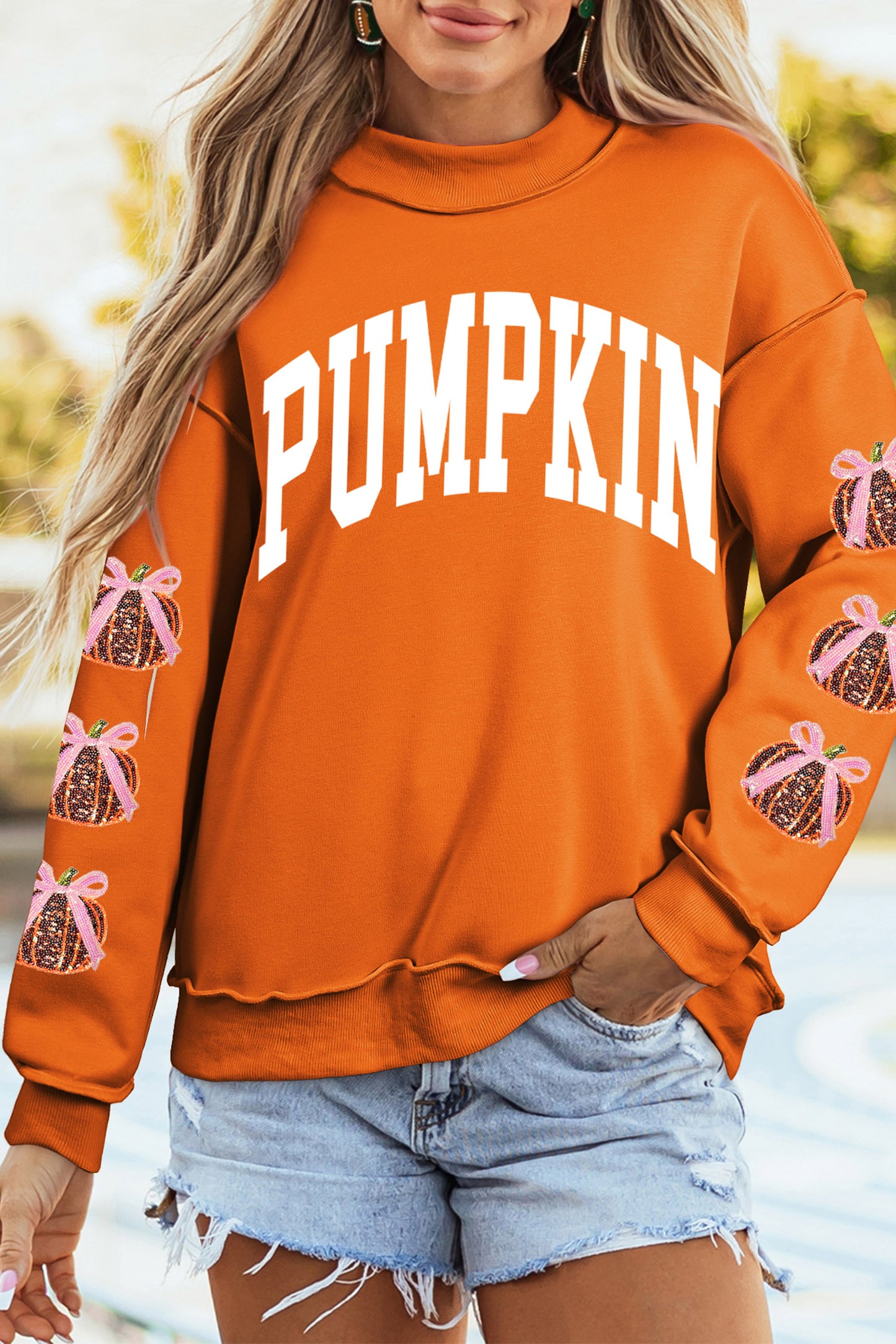 Sequin Pumpkin Bow Graphic Fall Sweatshirt