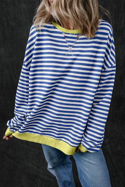 Sky Blue Stripe Oversized Contrast Trim Pullover Sweatshirt