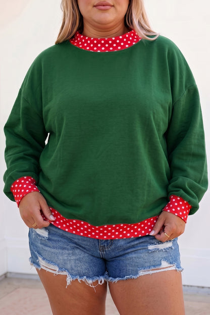 Polka Dot Trim Plus Size Crew Neck Tunic Sweatshirt