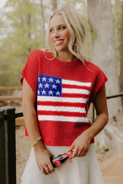 American Flag Knit Sweater Vest Patriotic Summer Top
