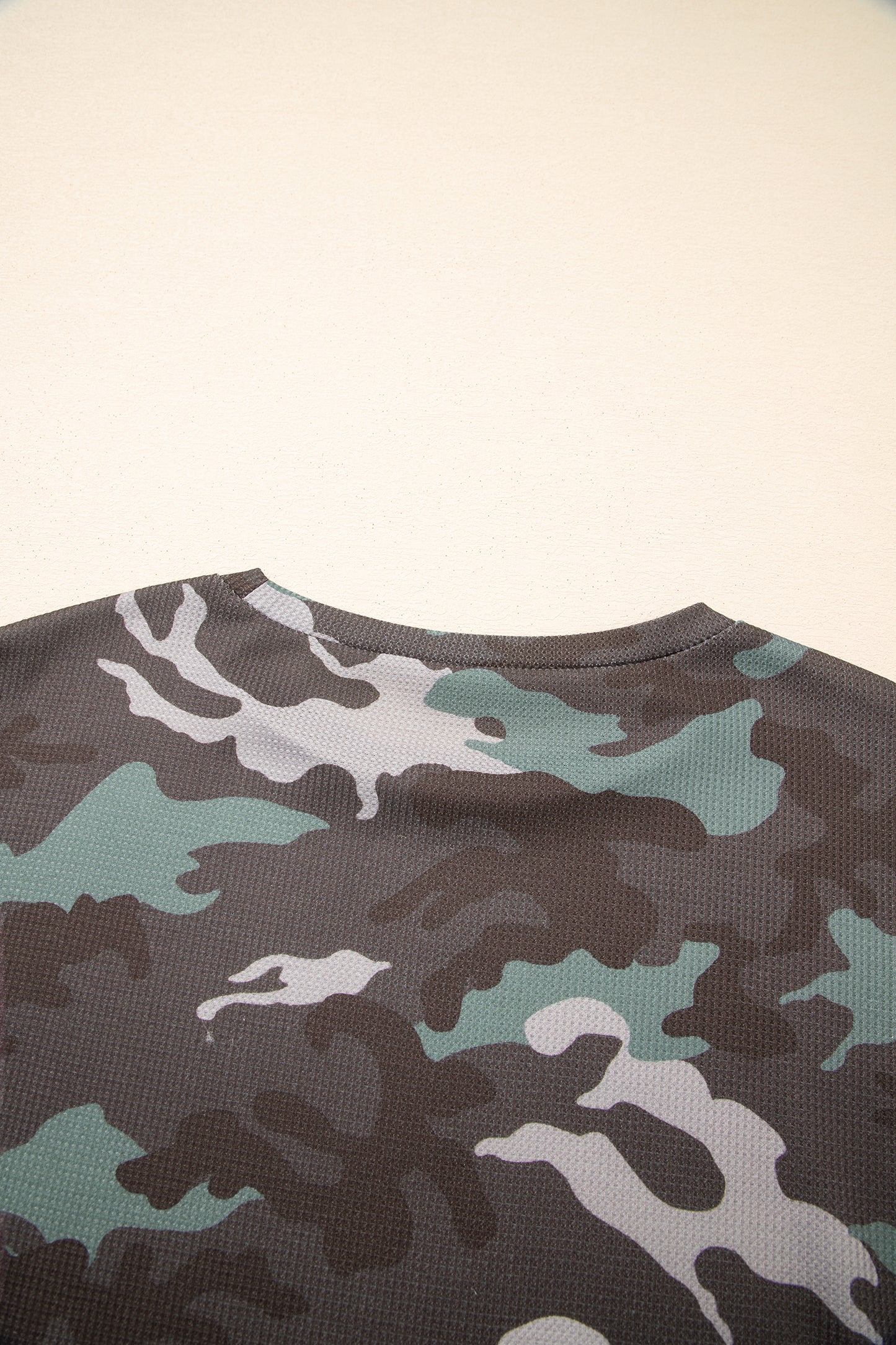 Green Camo Textured Drop Shoulder Long Sleeve Top