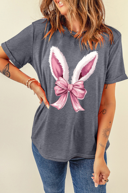 Easter Bunny Ear Bow Graphic Casual Spring T Shirt