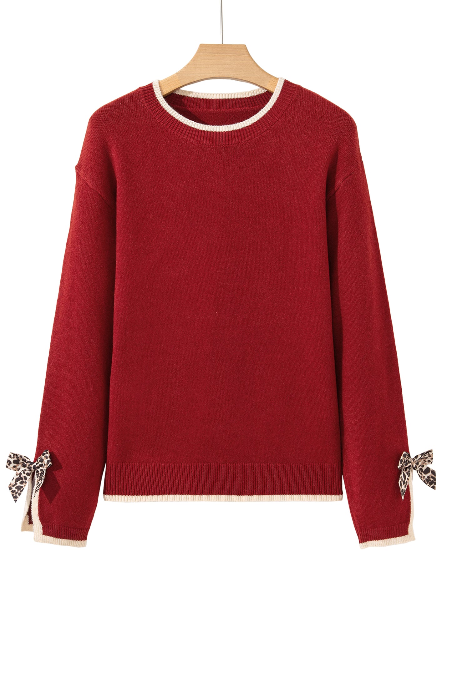 Leopard Bow Split Cuff Contrast Knit Sweater for Women