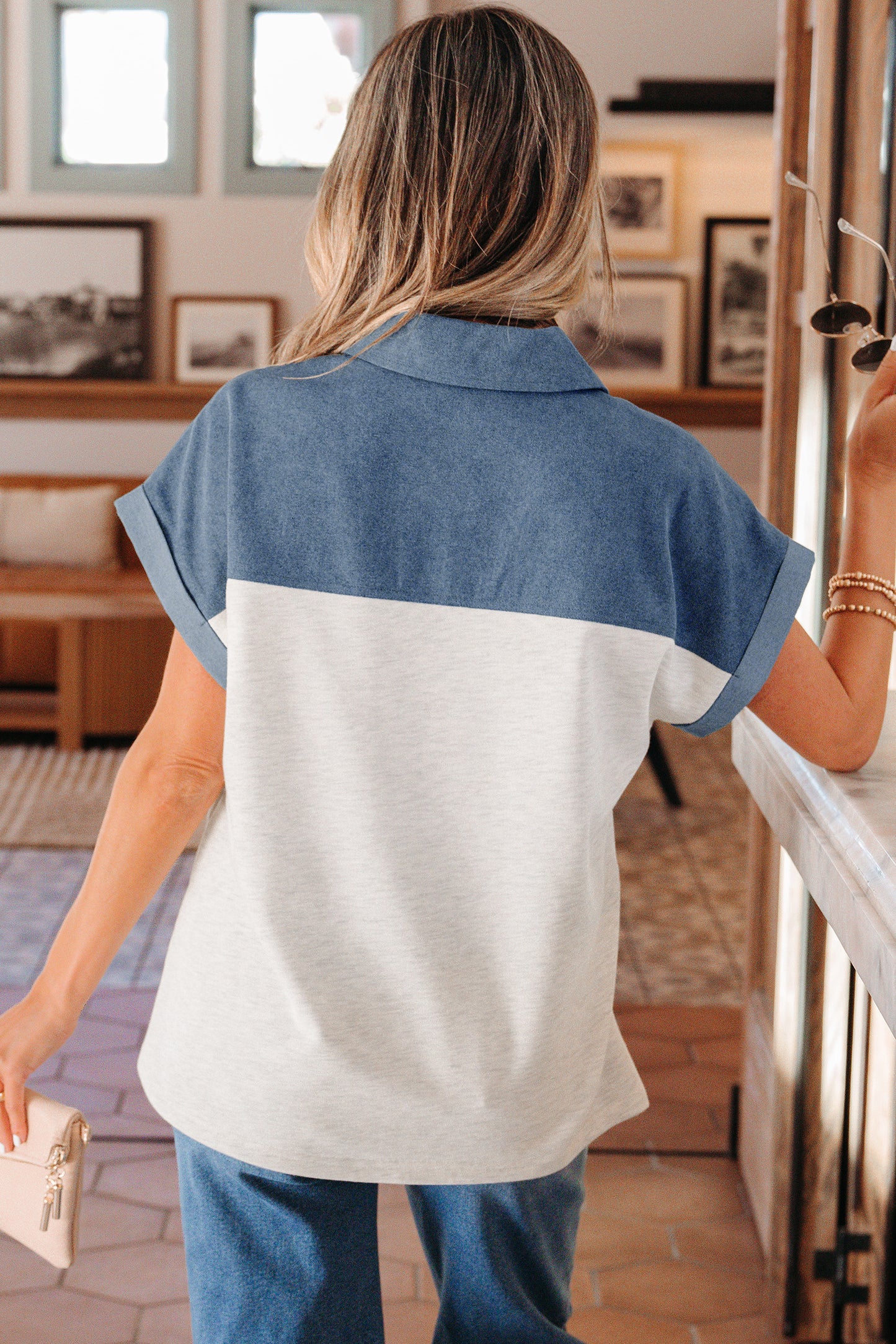 Color Block Polo Henley Short Sleeve Casual Top