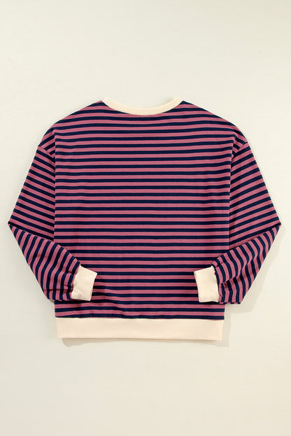 Sky Blue Stripe Oversized Contrast Trim Pullover Sweatshirt