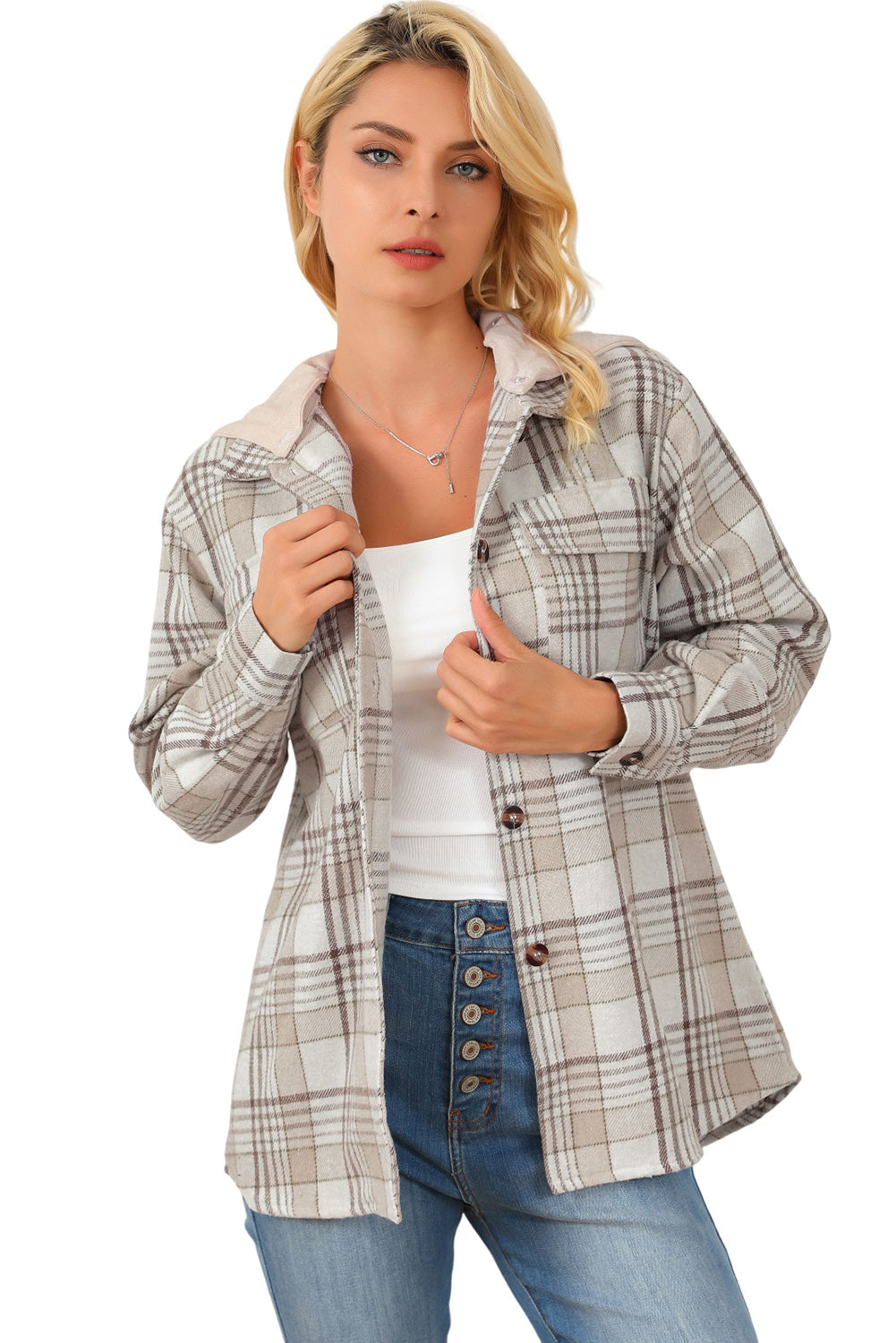 Neutral Khaki Plaid Oversized Shacket with Removable Hood