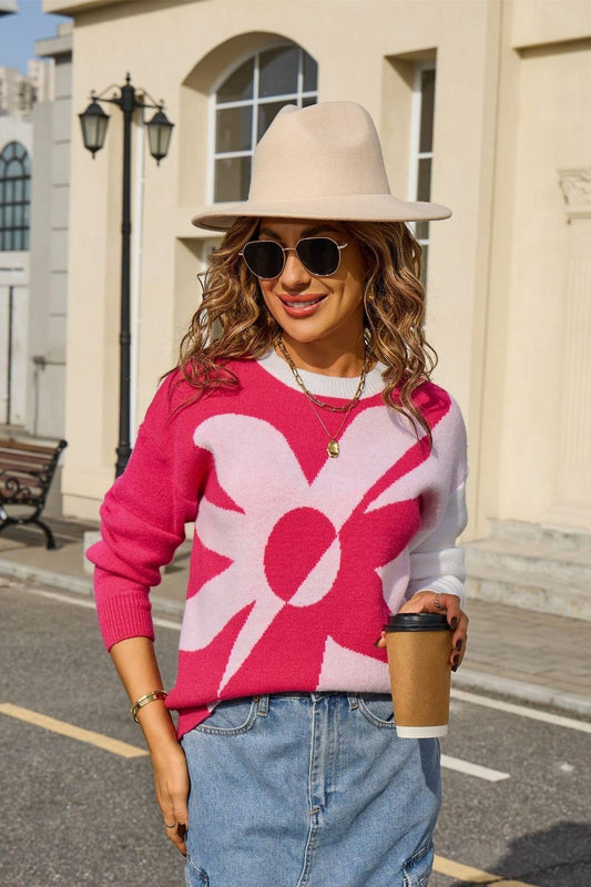 Colorblock Floral Knit Sweater – Pullover Top for Fall Women