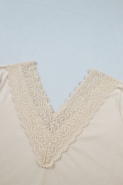 Apricot Lace V Neck Long Sleeve Lace Trim Top Blouse