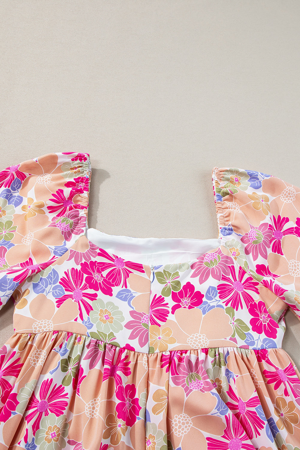 Pink Floral Square Neck Puff Sleeve Babydoll Dress
