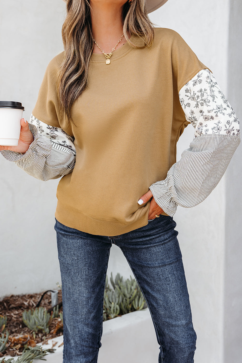 Camel Patchwork Floral Striped Ruffle Sleeve Sweatshirt