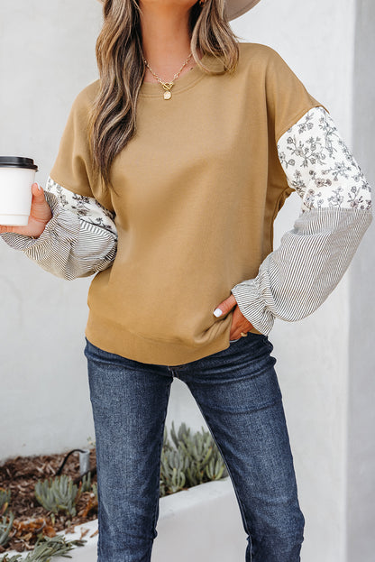 Camel Patchwork Floral Striped Ruffle Sleeve Sweatshirt