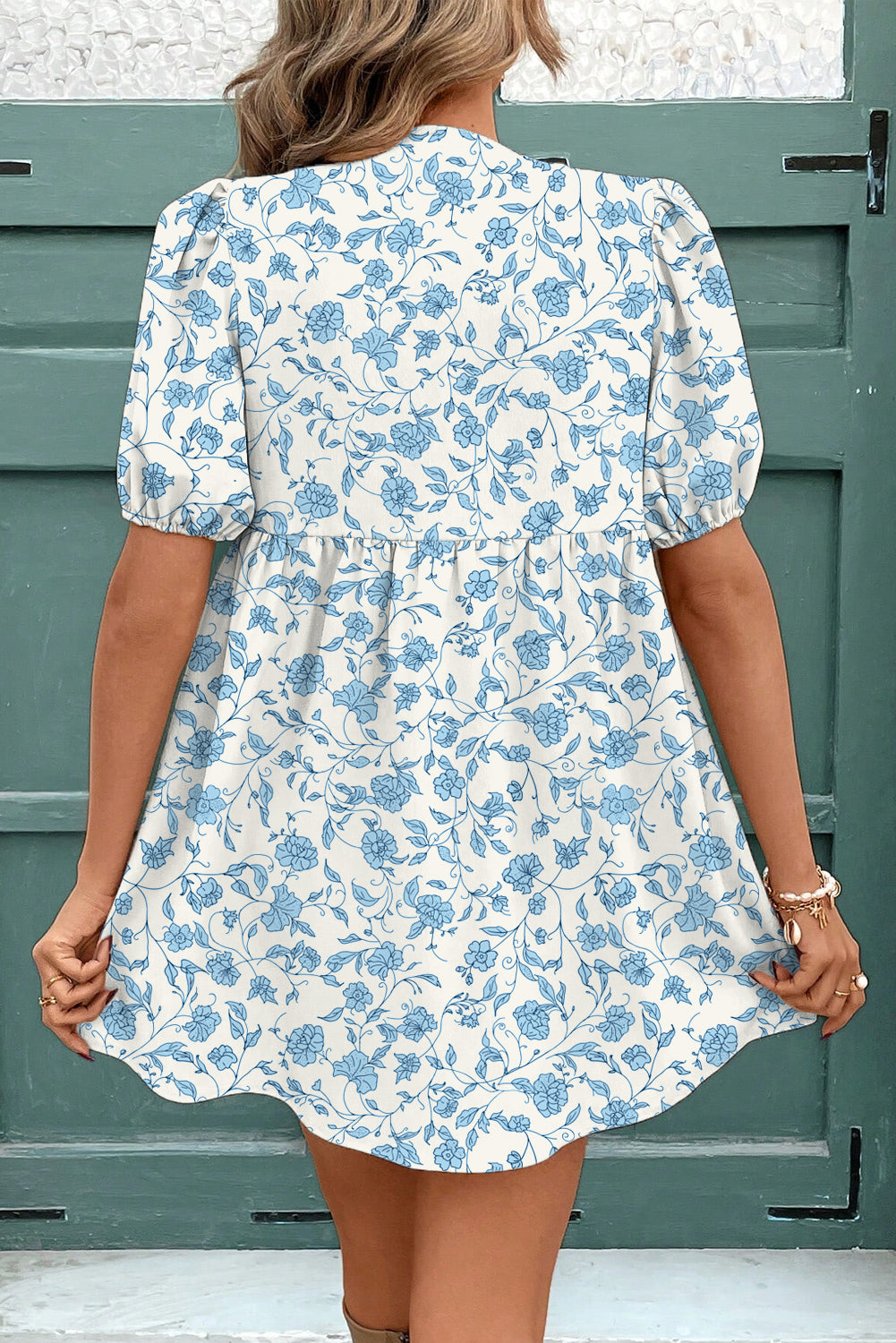 Floral Tie Neck Mini Dress Puff Sleeve Babydoll Style