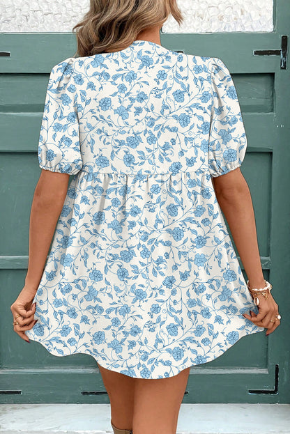 Floral Tie Neck Mini Dress Puff Sleeve Babydoll Style