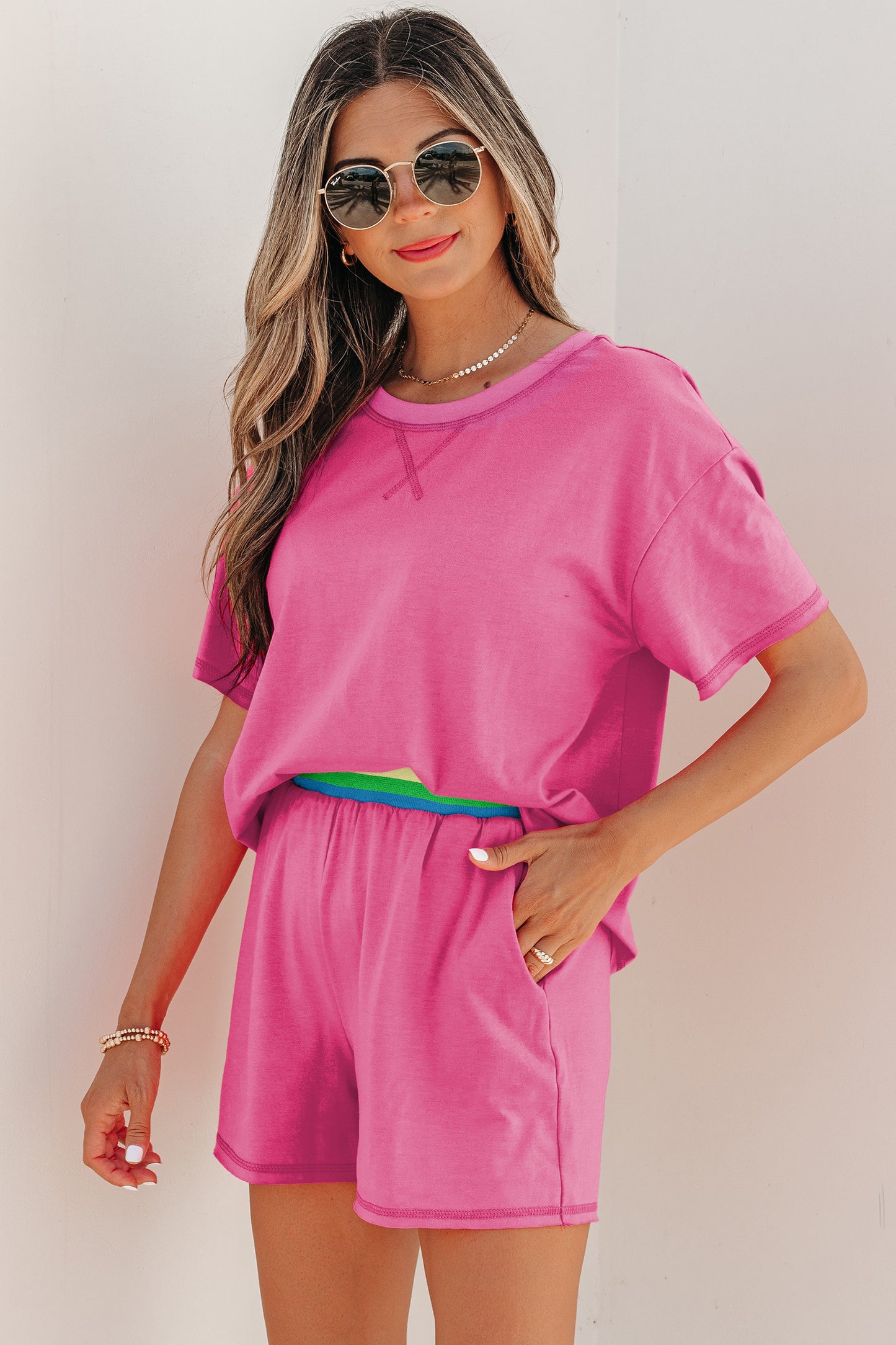 Bright Pink Lounge Set Rainbow Waistband Tee and Shorts