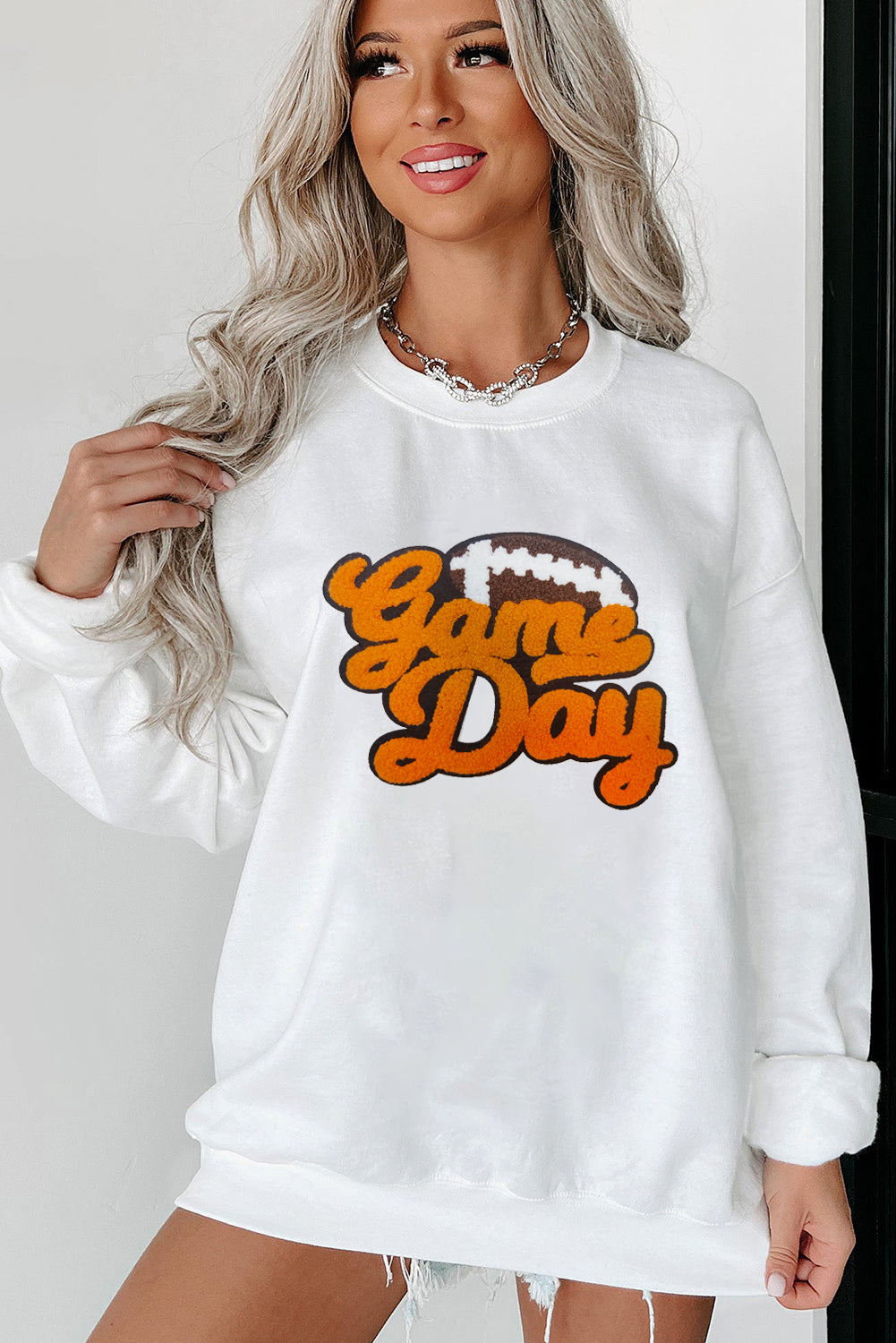 White Chenille Game Day Football Pullover Sweatshirt Women