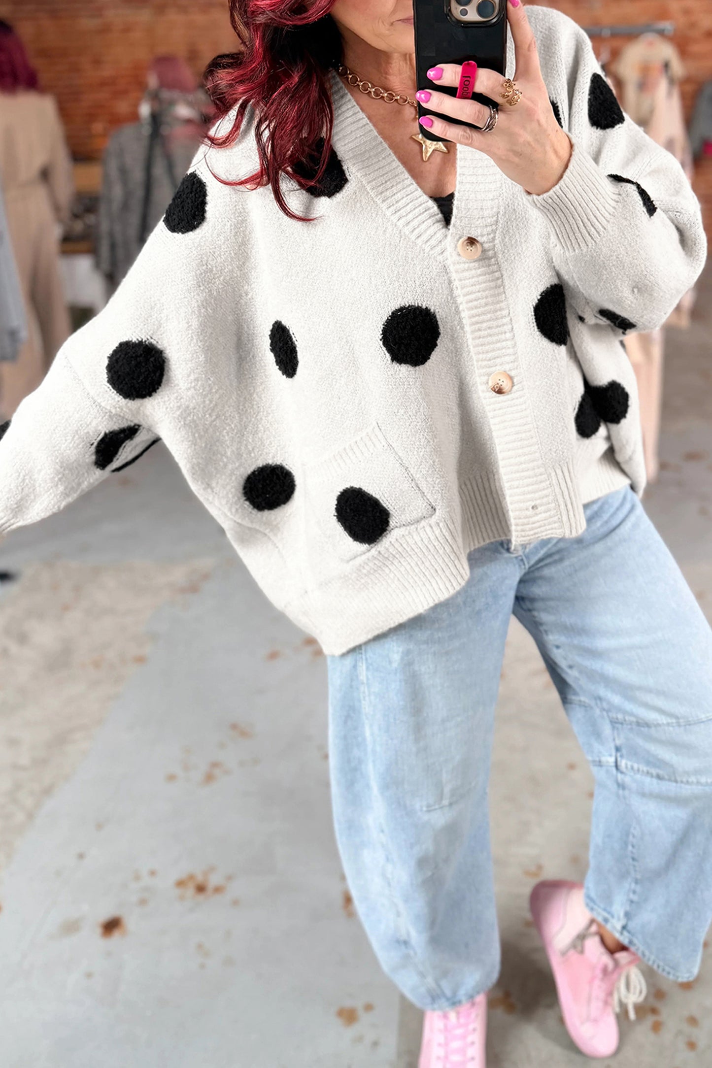 Polka Dot Oversized V Neck Knit Cardigan Sweater