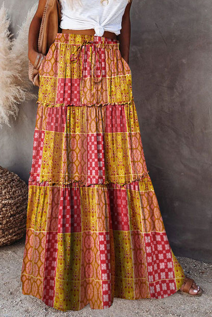 Paisley Print Tiered Maxi Skirt with Pockets