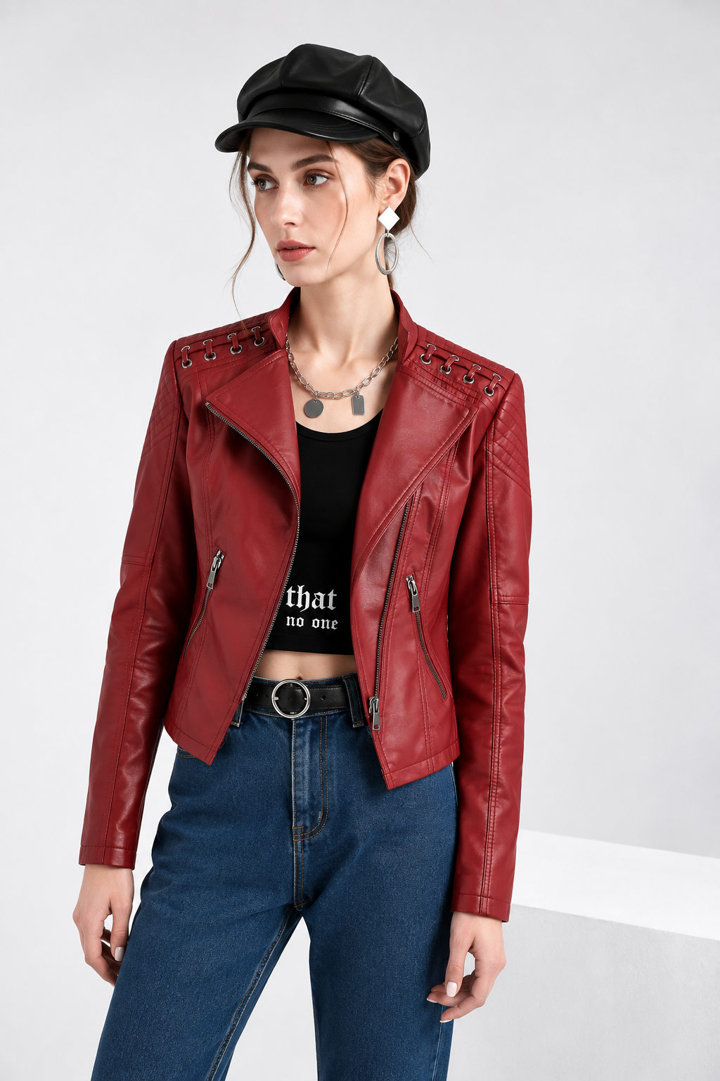 Womens Faux Leather Moto Jacket Slim Fit
