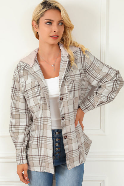 Neutral Khaki Plaid Oversized Shacket with Removable Hood
