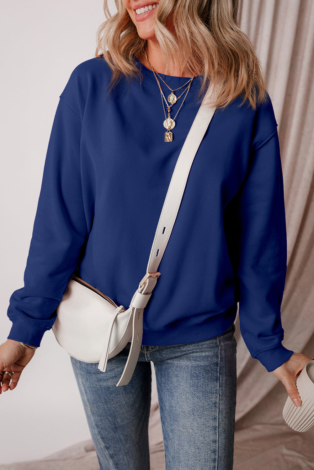 Solid Fleece Lined Drop Shoulder Terry Sweatshirt