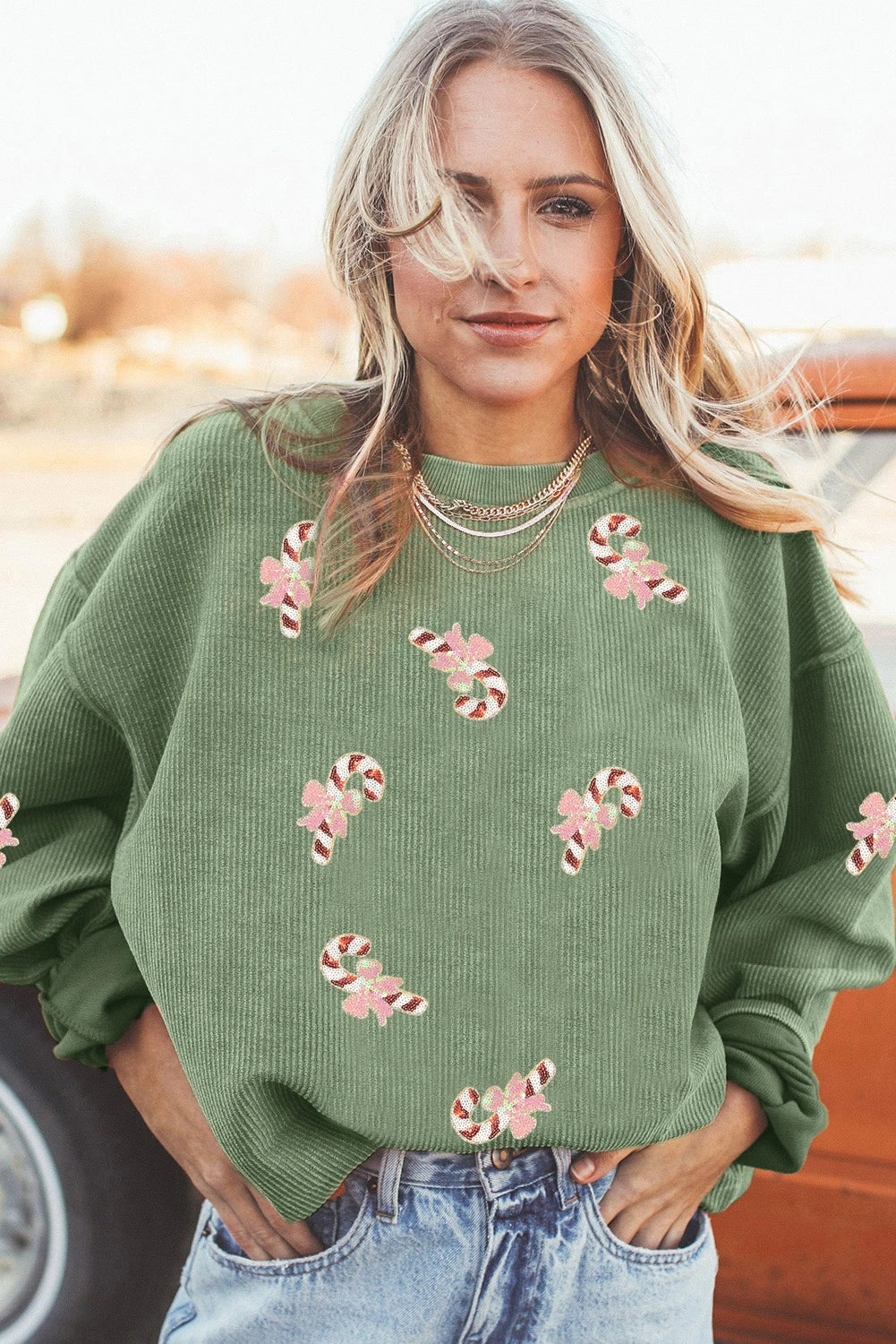 Grass Green Christmas Sequin Candy Cane Patched Corded Ribbed Baggy Sweatshirt