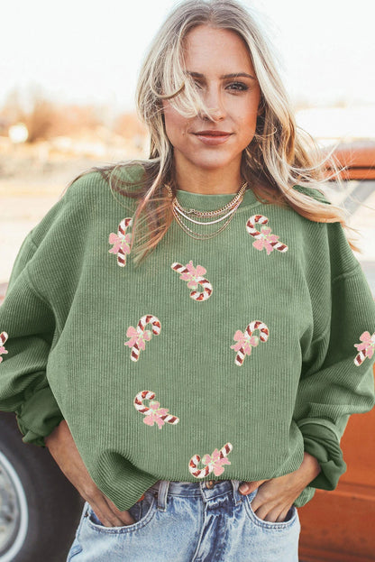Grass Green Christmas Sequin Candy Cane Patched Corded Ribbed Baggy Sweatshirt