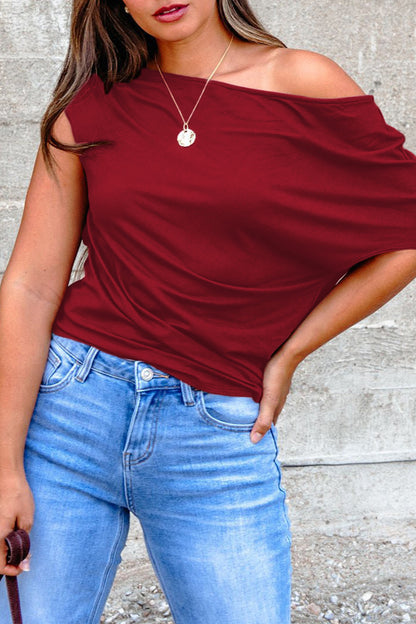 Pink Plus Size Asymmetric Neck Short Sleeve Blouse