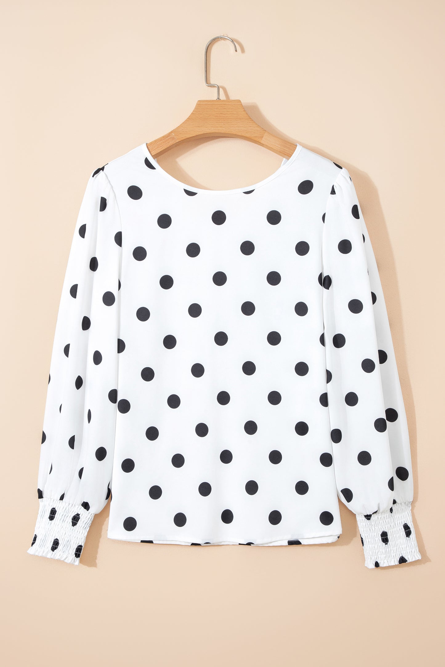 White Polka Dot Blouse Smocked Cuff Puff Sleeve Top