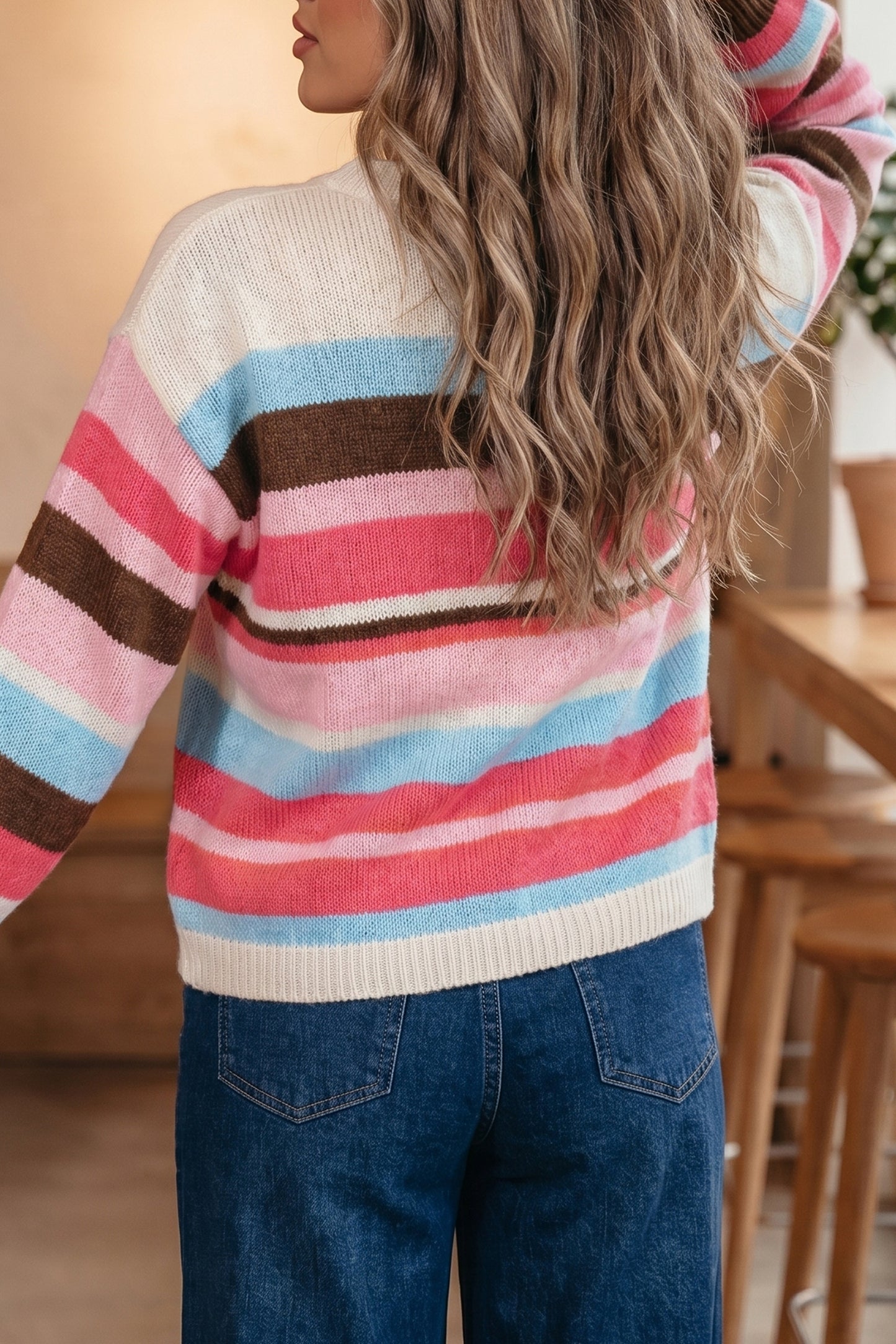 Multicolor Striped Colorblock Drop Shoulder Knit Cardigan