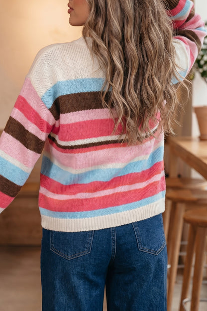 Multicolor Striped Colorblock Drop Shoulder Knit Cardigan