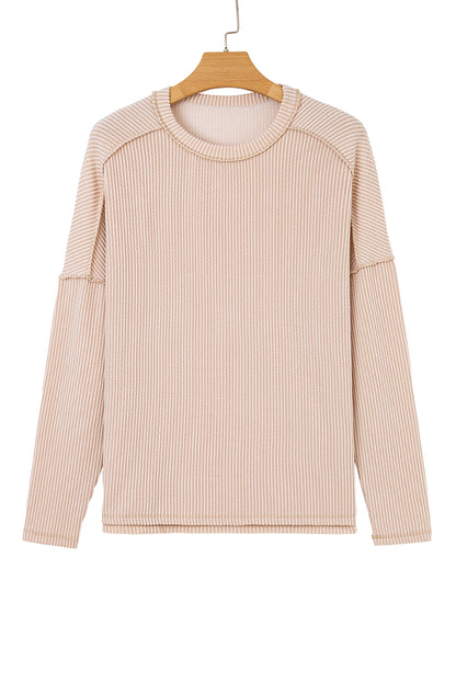 Dark Khaki Twist Ribbed Exposed Seam Detail Long Sleeve Loose Top