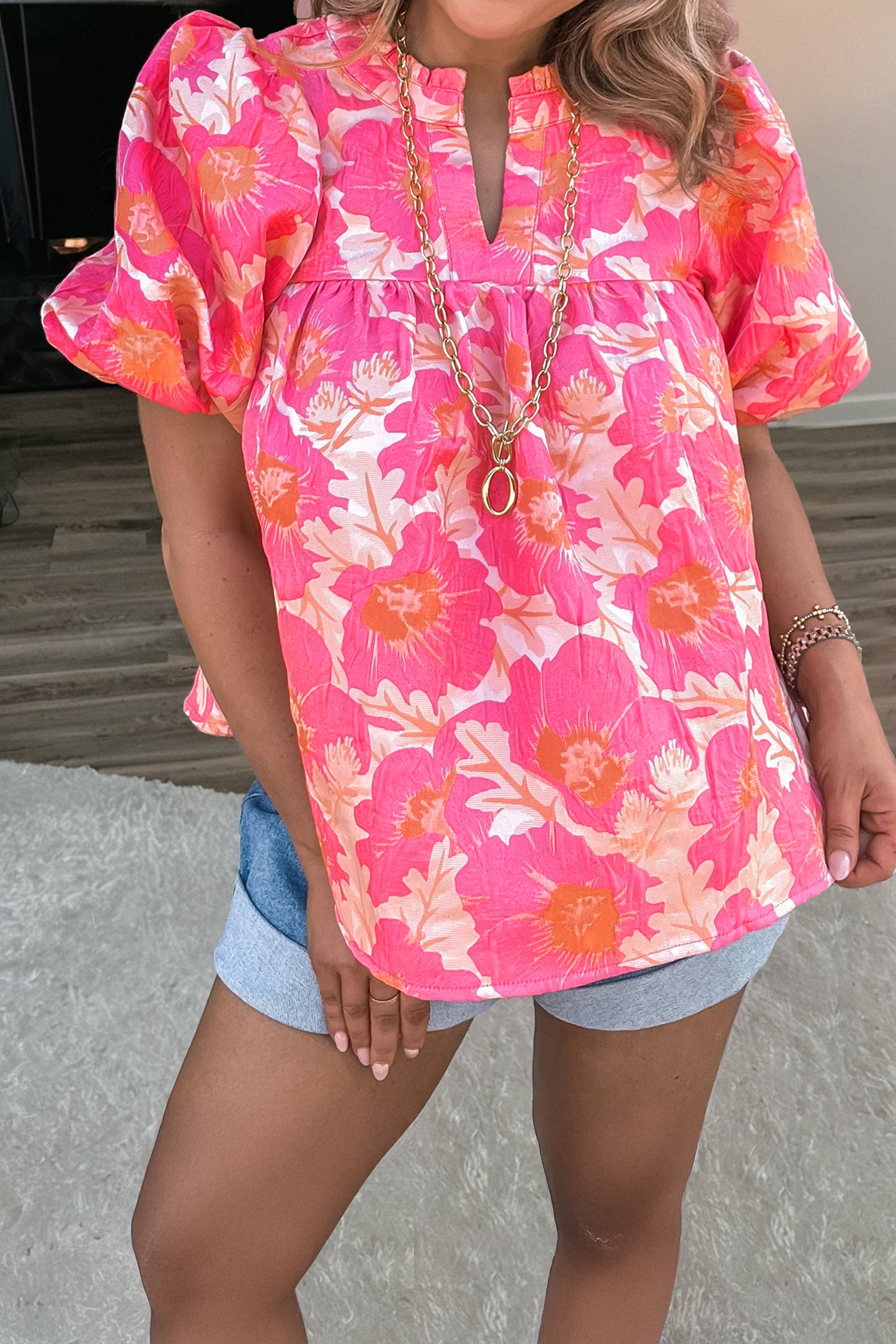 Floral Print Bubble Sleeve Loose Fit Summer Blouse