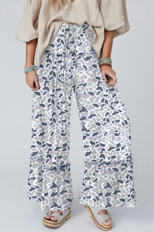 Boho Floral Wide Leg Pants High Waist Ruffle Hem