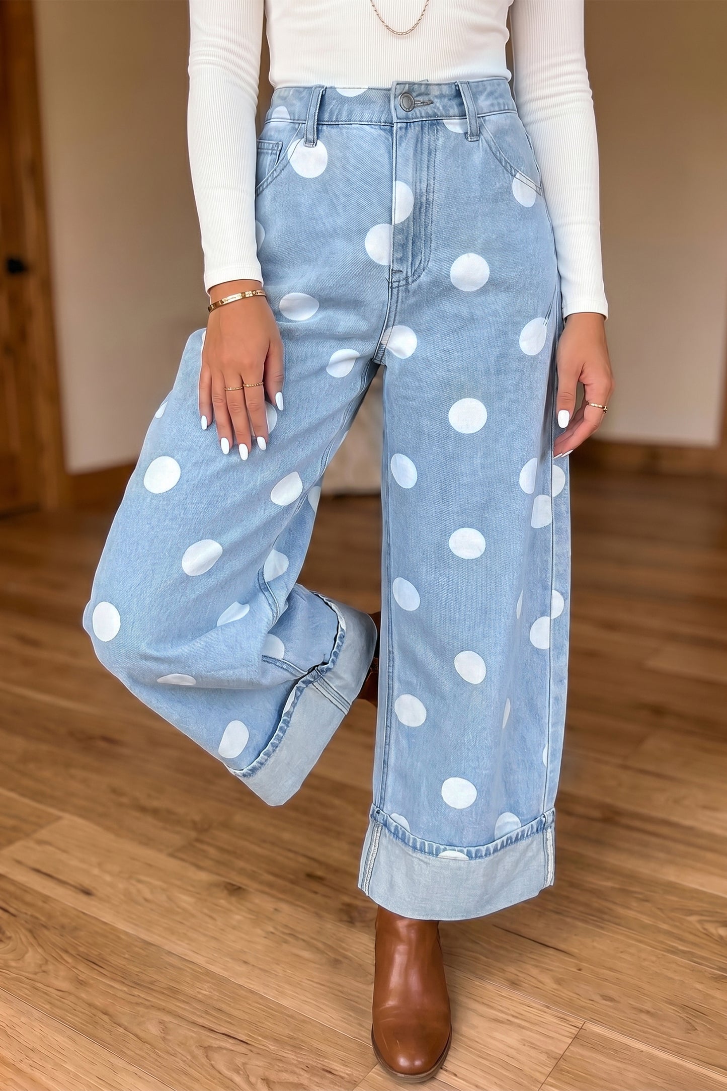 Women's Polka Dot Cuffed Wide Leg Jeans
