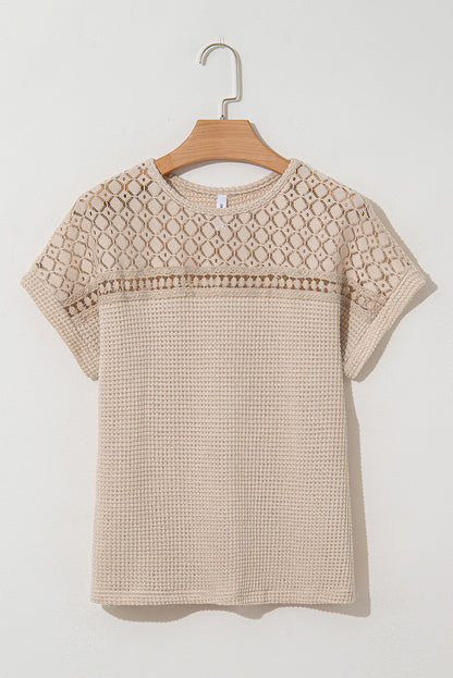 Mist Green Lace Patchwork Waffle Knit Summer Top